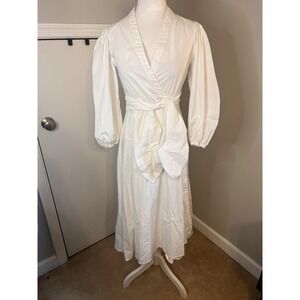 Padova white Wrap Dress Puff Sleeves Midi Sz 8 Designer Wedding Cotton Chic